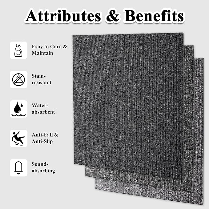20" X 20" Carpet Tiles, Carpet Squares, 24 Tiles/64.5 Sq.Ft per Box, Floor Carpet Tiles for Home Office Industry, Dark Grey