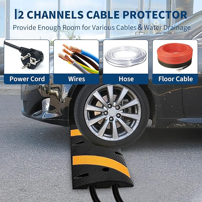 1 Pack 6FT Speed Bumps for Road, Heavy Duty 25,000 Lbs Capacity Traffic Rubber Speed Humps with 2 Channel Floor Cord Cover for Asphalt Concrete Gravel Driveway Road Cable Protector Ramp