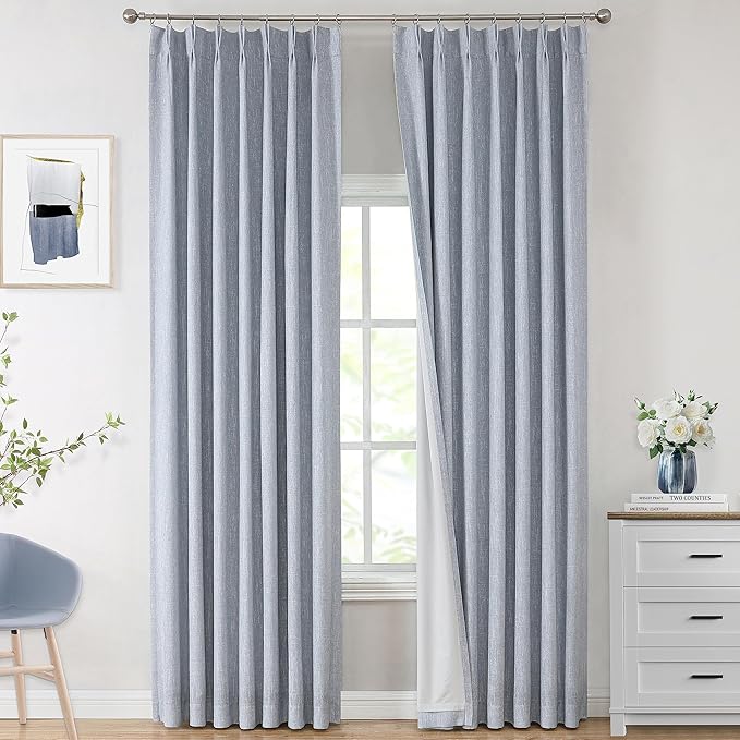 Vision Home Chambray Blue Full Blackout Curtains Pinch Pleated Room Darkening Window Curtains 63 inch for Living Room Bedroom Thermal Insulated Pinch Pleat Drapes with Hooks Back Tab 2 Panel 40"Wx63"L