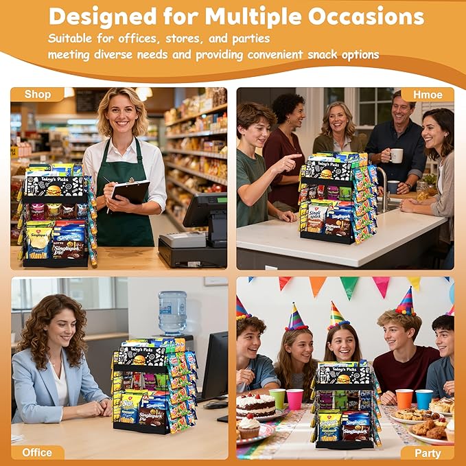 Chip Rack Display Stand, 6 Tiers 50 Clips Snack Organizer, 360° Rotating Wood Base Candy Display Rack, Portable Retail Display Shelf for Countertop, Office, Store, Kitchen, Party