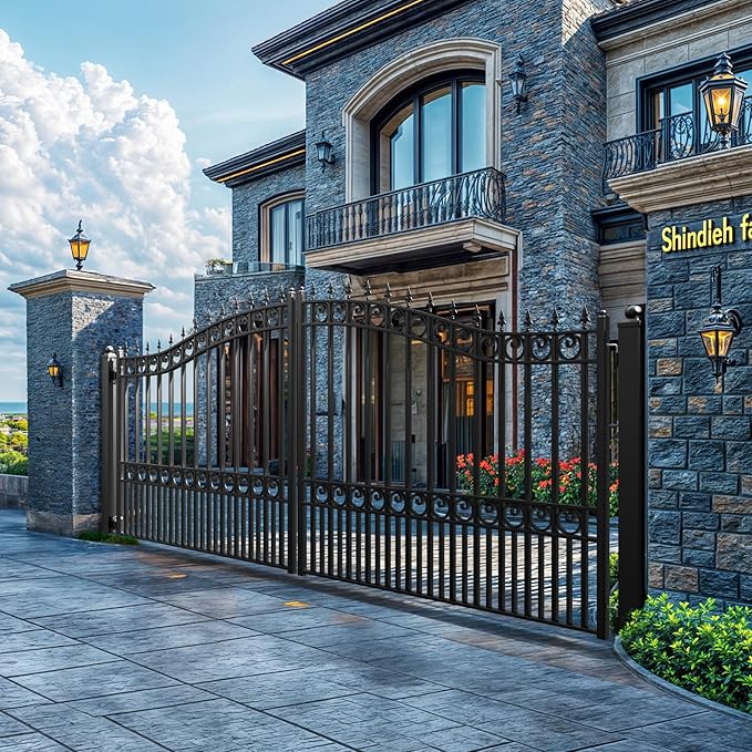 ZUMI Outdoor Steel Swing Gates - 14x6 ft. Heavy-Duty Weatherproof Security Gates - Broadway Style Driveway Fence