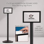Crowd Control Warehouse Pedestal Standing Floor Sign Frame with Sloped Base, 7x11 Inch Horizontal, Satin Stainless Steel