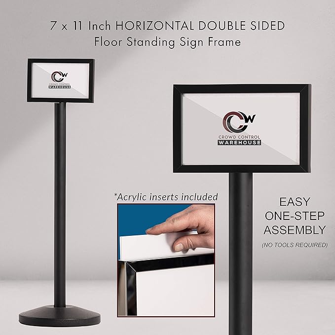 Crowd Control Warehouse Pedestal Standing Floor Sign Frame with Sloped Base, 7x11 Inch Horizontal, Satin Stainless Steel