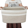 Large Rectangle Blankets Basket Living Room 22"x17"x12" Woven Cotton Rope Storage Baskets for Nursery Toy Baskets for Kids Wicker Laundry Basket Bin for Clothes Towels white brown
