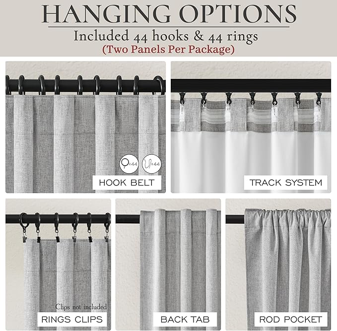 Grey Curtains 60 Inch Length Wide Pleated Blackout Curtain for Sliding Glass Door/Living Room, Farmhouse Linen Thick Boho Bedroom Heavy Insulated Large Window Drapes (60" Wx90 Lx2Panels)