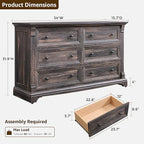 Farmhouse 6 Drawers Dresser for Bedroom, 54" Wide Large Dressers & Chests of Drawers w/Roman Column, Wooden Dresser TV Stand with Large Drawers for Nursery Bedroom Living Room Hallway,Dark Rustic Oak