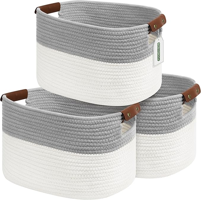 Cotton Rope Storage Baskets,15x10x9 in,Foldable Storage Bins, Decorative Woven Basket Cube Storage Organizer for Laundry, Towel, Clothes (White/Grey-3Pack, 15x10x9 inches)
