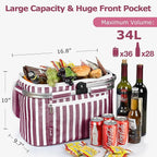 Tirrinia Large Insulated Picnic Basket, 34L Water Resistant & Leakproof Collapsible Portable Cooler Basket Set with Aluminium Handle for Travel, with a Free Foldable Grocery Bag, Wine Stripe