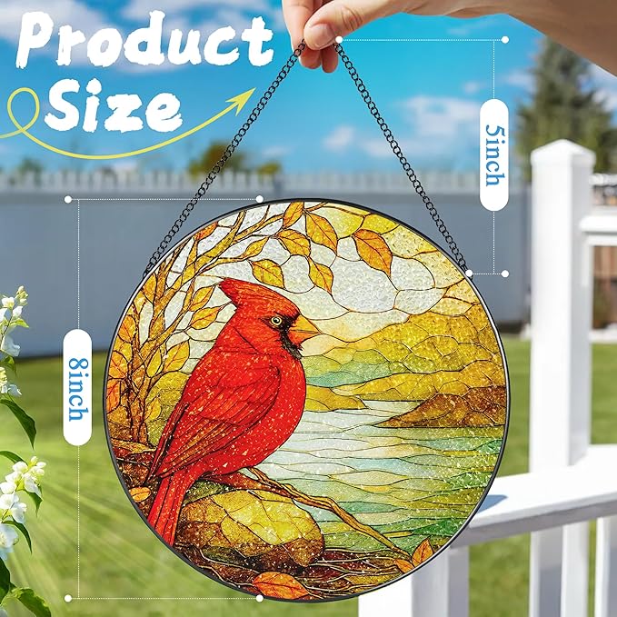 Stained Glass Window Hanging, 8 Inch Cardinal Stained Glass Suncatcher, Memorial Sun Catchers Indoor Window, Memorial Gifts, Sympathy Gift for Loss, Red Bird Decor, Cardinal Gift