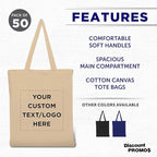 DISCOUNT PROMOS Custom Cotton Canvas Tote Bags Set of 50, Personalized Bulk Pack - Reusable, Great for Shopping, Grocery, Beach, Picnic, Wedding Favors - Natural