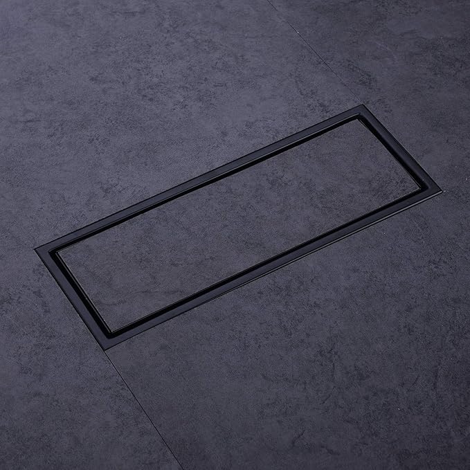 304 Stainless Steel Linear Shower Floor Drain with Tile Insert Grate Removable Cover 12 inch Long Rectangle, Matte Black Plated Finish