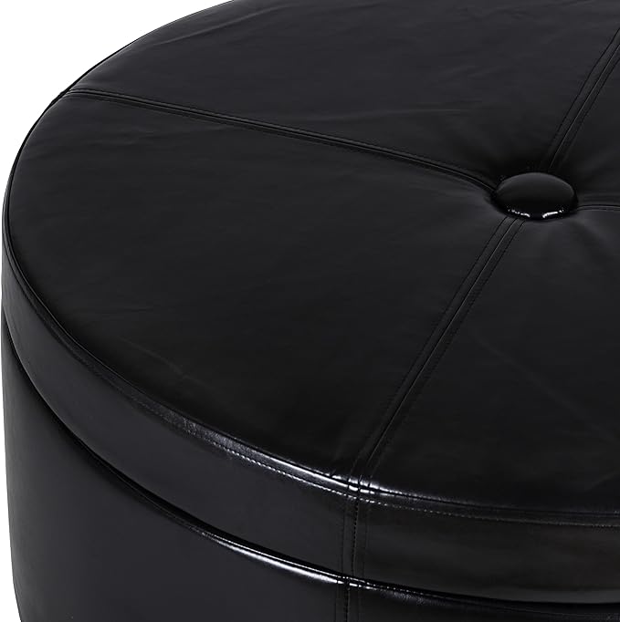 Homepop Home Decor | Upholstered Faux Leather Large Tufted Round Storage Ottoman | Button Top Ottoman with Storage for Living Room & Bedroom | Decorative Home Furniture, Black