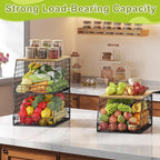4 Pack Stackable Wire Baskets with Fixed Wooden Top, Vegetable Fruit Storage Bins for Onion Potato Snack, Pantry Baskets for Kitchen Cabinet Countertop, Pantry Organizers and Storage Rack
