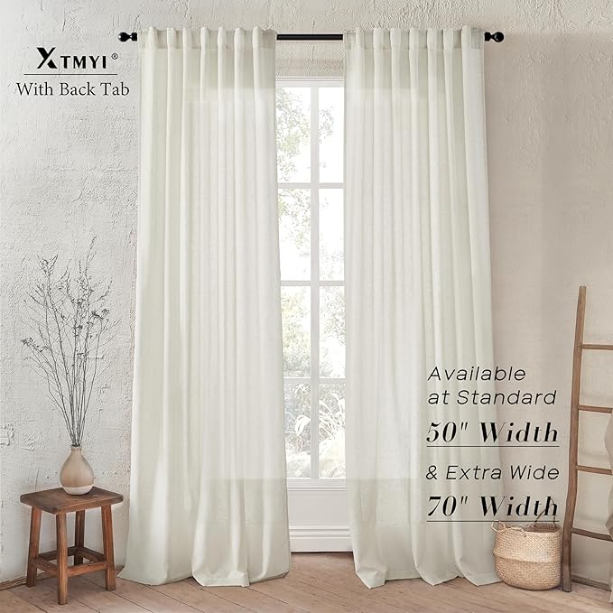 120 Inch Long Linen Curtains,Mount with Back Tab Hooks Belt for Rail Track,Light Filtering Semi Sheer Large Tall Window High Ceiling Curtain for Living Room,2 Panels Drapes,Cream(Ivory/Off White)