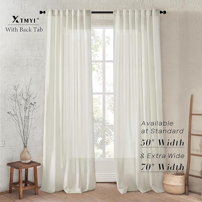 XTMYI 102 Inch Curtains 2 Panels Set Custom Length Back Tab Linen Window Sheer Privacy Thick Decorative Curtain Drapes for Living Room Bedroom,50x102 in Long,Cream(Ivory/Off White)