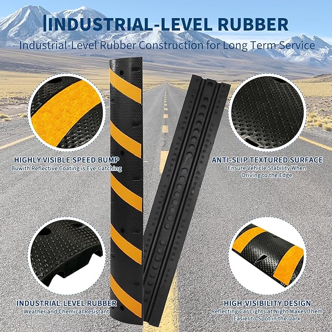 3 Pack 6FT Speed Bumps for Road, Heavy Duty 25,000 Lbs Capacity Traffic Rubber Speed Humps with 2 Channel Floor Cord Cover for Asphalt Concrete Gravel Cable Protector Ramp
