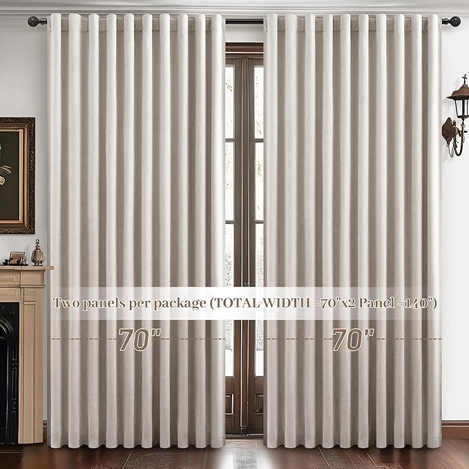 Blackout Curtains 70 Inches Extra Wide Natural Linen Curtains 84 Inch Length for Living Room, Pleated Farmhouse Bedroom Thermal Drapes for Winter Thick Window Energy Efficient 70"W x 84"L 2 Panels