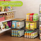 4 Pack Stackable Wire Baskets with Fixed Wooden Top, Vegetable Fruit Storage Bins for Onion Potato Snack, Pantry Baskets for Kitchen Cabinet Countertop, Pantry Organizers and Storage Rack