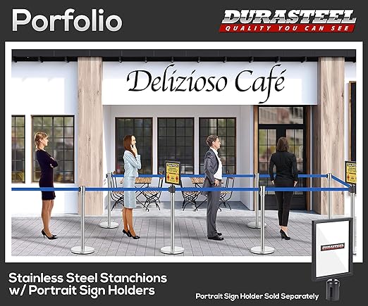 DuraSteel Crowd Control Barriers Line Dividers - Silver Stanchion Stainless Steel Posts with 6.5ft Blue Retractable Belt Ropes - for Store Queues, Airport Lines, Event Entries - 2 Set/Pack
