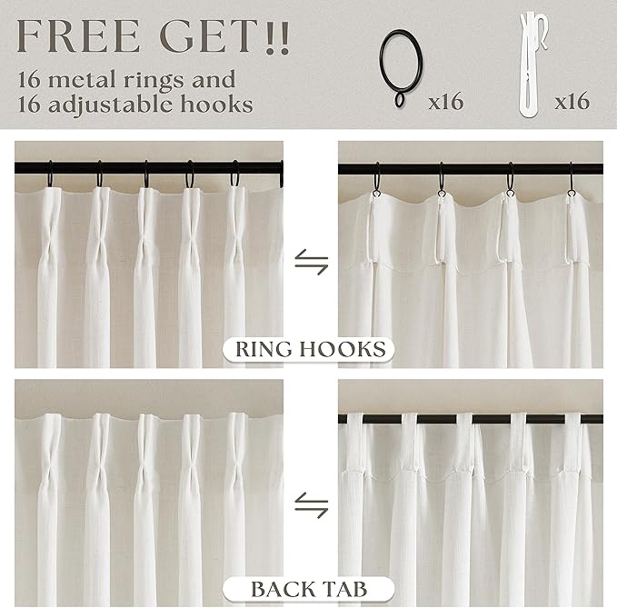 Extra Wide Linen Pinch Pleated Curtains 84 Inches Long 100 Inch Wide Patio Sliding Door Curtains Light Filtering Semi Sheer Pinch Pleat Drapes Cream Ivory Boho 100 x 84 Drapes for Living Dining Room