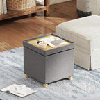 GOFLAME 18 Inches Storage Ottoman, Linen Fabric Cube Footstool with Rubber Wood Legs, Side Table with Flip Top Tray, Square Foot Rest Stool, Shoe Changing Stool for Living Room, Bedroom, Entryway