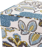 Adeco 18 Inch High Cube Ottoman Storage, Linen Chair Foot Stools, Upholstered Vanity Stool with Hinged Lid, Solid Wood Legs (Blue Leaves)