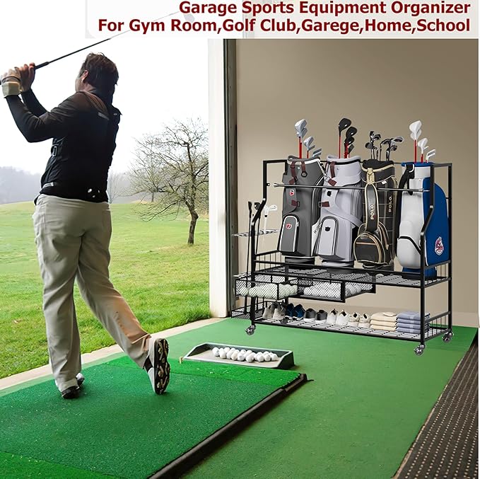 PeakPursuit Golf Bag Organizer and Storage Rack Stand Holder Fits Golf Club Bags and Multiple Golfing Equipment Accessories, Storage Rack with Drawers and Wheels for Indoor/Outdoor Garage, Clubs