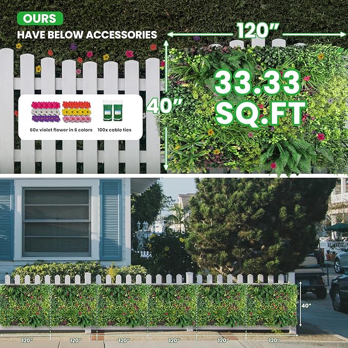 Artificial Grass Wall Roll 40"x120" (3.33ft x 10ft,33.3 Sq.ft), 3D Green Grass Wall for Outdoor Fence Indoor Decor, Greenery Privacy Screen for Patio Backyard, with DIY 60 PCS Violet Flower