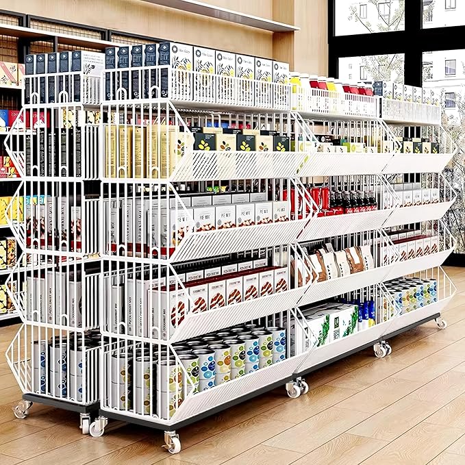5-Tier Slanted Rolling Retail Display Rack with Locking Wheels | Heavy-Duty Metal Snack & Chip Display Stand for Grocery Stores, Supermarkets, Bakery | Space-Saving Store Organization Shelf