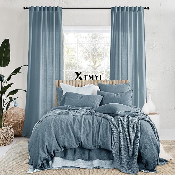 XTMYI Stone Blue Curtains 90 Inches Long for Living Room,Light Filtering Country Vintage Hooks Pleated Back Tab Semi Sheer Linen Curtains for Bedroom 2 Panels Set,Dusty Blue
