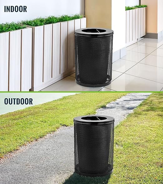 Alpine Outdoor Trash Can 36 Gallon Diamond Steel Commercial Metal Waste Bin with Leak Proof Liner, Heavy Duty Steel Mesh Design, Flat Wide Open Top Lid for Parks, Streets, and Public Spaces-Black