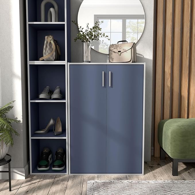 Homes: Inside + Out Apexa 3-Tier Stackable Wood Bookcase with Doors, Cube Storage Organizer Shelves, Small Food Pantry Cabinet, Dorm Teen Room Decor & Bedroom, Home Office, Kitchen, Steel Blue
