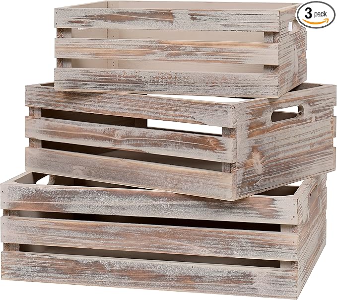 Large Size Wood Crates for Storage, Decorative Vintage Walnut Wooden Boxes for Display, Handmade Solid Wood Set of 3 Rustic Crates (Walnut)