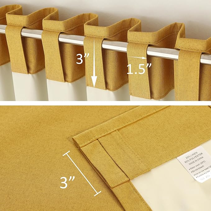 DUALIFE 100% Blackout Linen Yellow Curtains 84 Inch for Living Room Darkening, Bedroom Linen Drapes 84 Inches Long Rod Pocket/Back Tab Heat Blocking Bohemian Pleated Window Curtain(50"x84"x2)