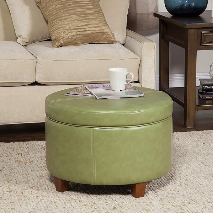 HomePop Round Leatherette Storage Ottoman with Lid, Moss Green Large