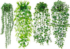 Palonu Artificial Hanging Plants for Shelf, 4 Pack Fake Potted Greenery Faux Eucalyptus Vine, Mandala Vine, String of Pearls,Pea pod Leaves in Pot for Office Living Room Bathroom Indoor Outdoor Décor