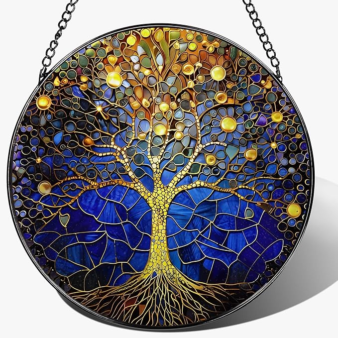 8-Inch Stained Glass Tree of Life Ornament, Stained Glass Window Hanging, Window Hanging Decor Suncatcher – Housewarming, Christmas, Birthday | Gift for Family, Friend, Couple, Teacher | Holiday Decor