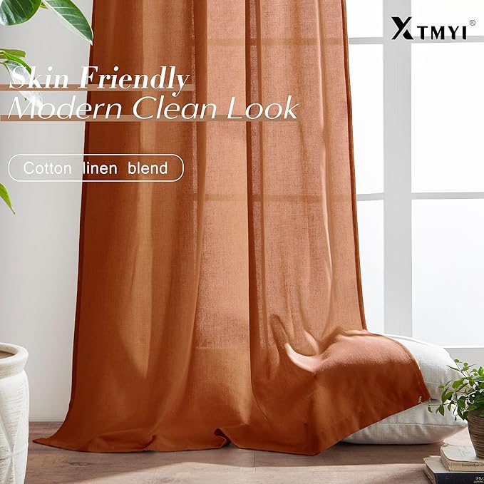 XTMYI Fall Curtains for Living Room,Back Tab Hooks Pleated Linen Sheer Burnt Orange Curtains 96 Inches Long for Bedroom Set 2 Panels