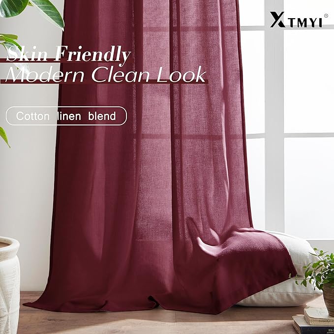 XTMYI Dark Red Burgundy Curtains 63 Inch Length for Dining Room Kitchen Window,2 Panels Light Filtering Semi Privacy Linen Sheer Curtain for Bedroom