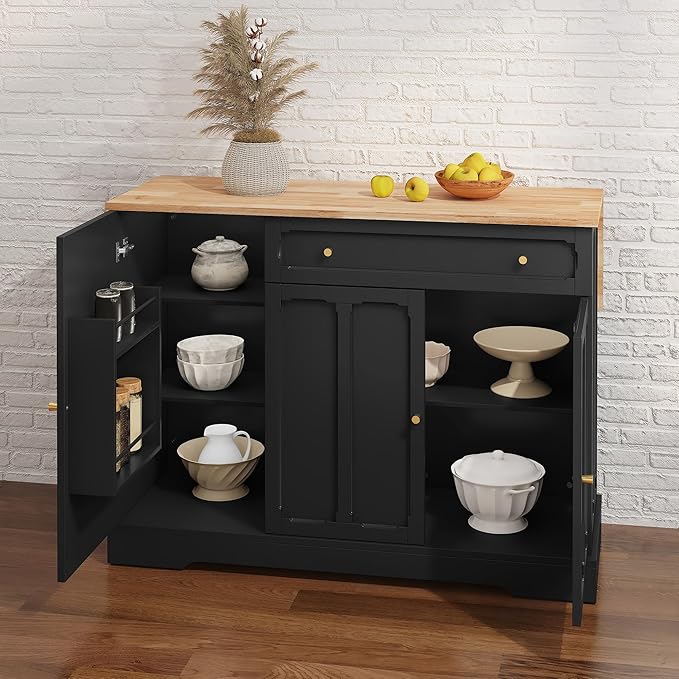 HLR Kitchen Island Cart with Storage, Carved Doors Modern Rolling Islands with Drop Leaf, Sideboard Buffet Cabinet on Wheels, Working Table for Kitchen, Dining Room (Black)