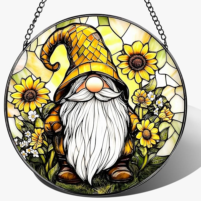 8″ Stained Glass Window Hanging Ornament, Sunflower Gnome Stained Glass Suncatcher Ornament, Sun-Catcher Window Decor | Christmas & Birthday Gifts, Festival Gifts | Gift for Her