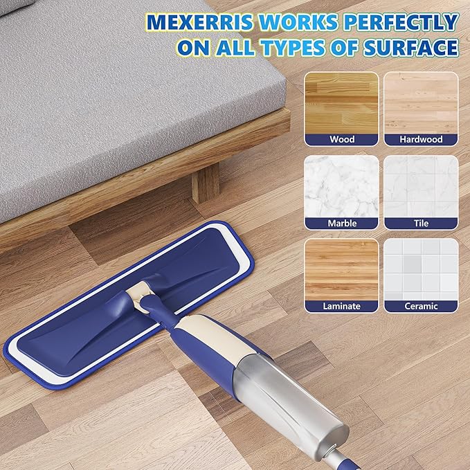 Spray Mops for Floor Cleaning: MEXERRIS Wet Mops with Sprayer for Hardwood Wood Tile Laminate Vinyl - Home Commercial Flat Mop with 4 Washable Pads for Swiffer Powermop & 2 Refillable Bottles
