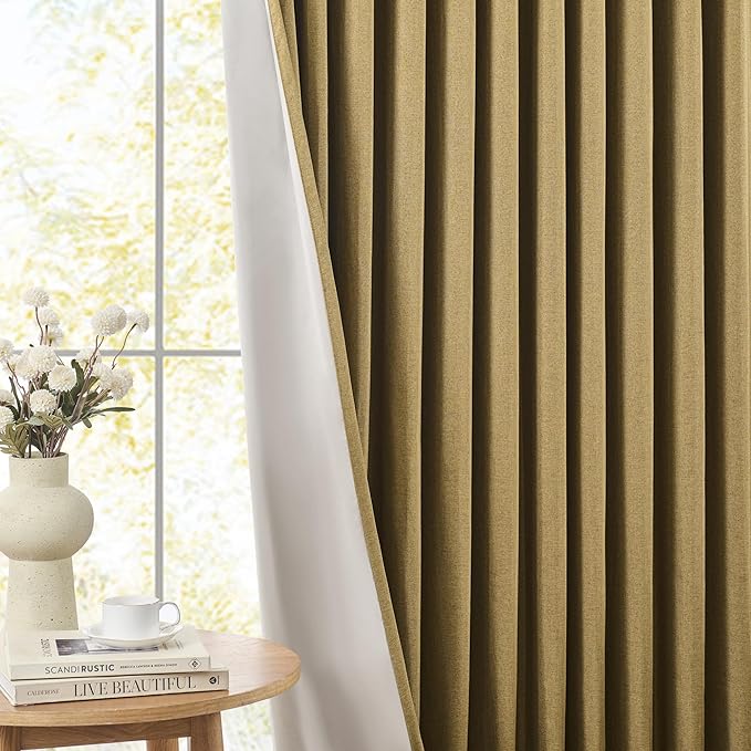 DUALIFE Gold Tan Pinch Pleated Blackout Curtains 150 Inches Long, Back Tab with Hooks, Linen Full Black Out Thermal Insulated Track Curtain for Bedroom Living Room,40 W x 150 L, 2 Panels