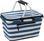 SIYUAN Picnic Basket with Handles 30L Large Stripped Insulated Cooler Leakproof Grocery Shopping Market Tote for Family Blue White