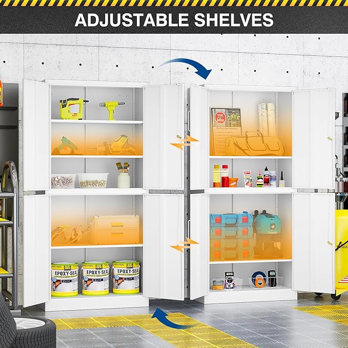 71” Metal Storage Lockable Heavy Duty File Cabinet Garage Tool Cabinets with Doors and Shelves-Tall White Steel Cabinet for Garage for Office, Gym, School