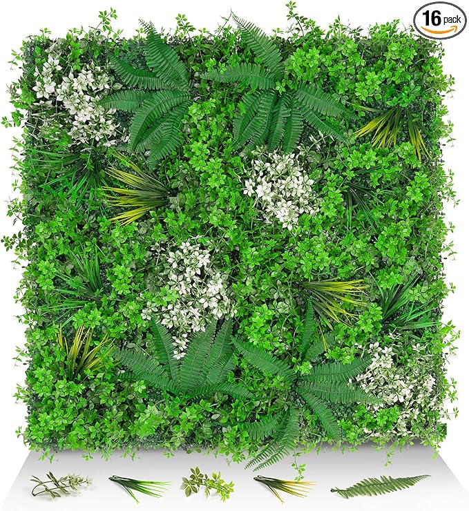 20"x20" Grass Wall Panels, 16PCS Artificial Greenery Backdrop Wall with UV Resistant Leaves, Faux Green Wall Decor for Outdoor Indoor Patio Garden Backyard