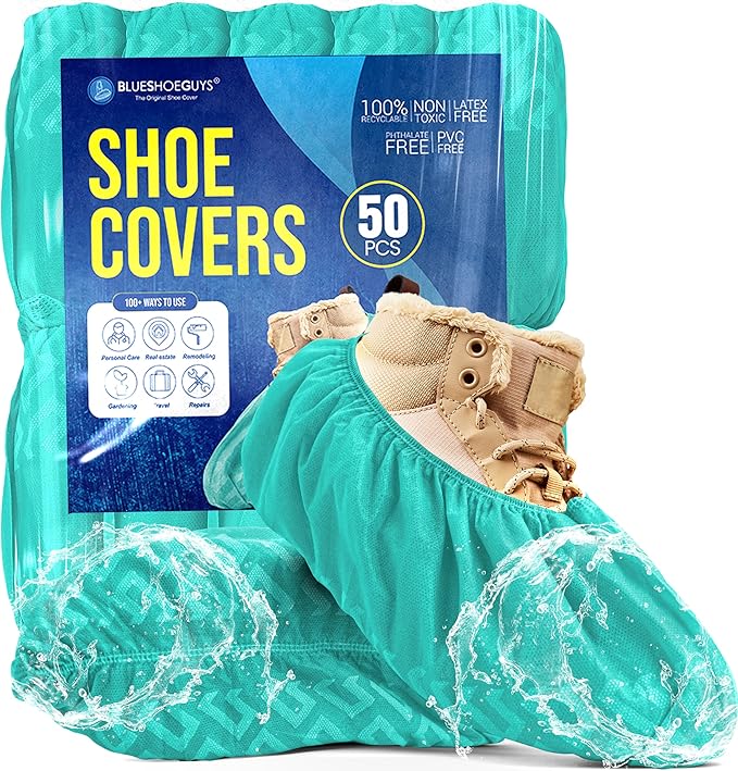 Premium Boot & Shoe Covers Disposable Booties - 50 Pack - Durable, Non-Slip, Non-Toxic, Water Resistant, Recyclable Protectors for Indoor & Outdoor - Large Size Fits Most Shoes