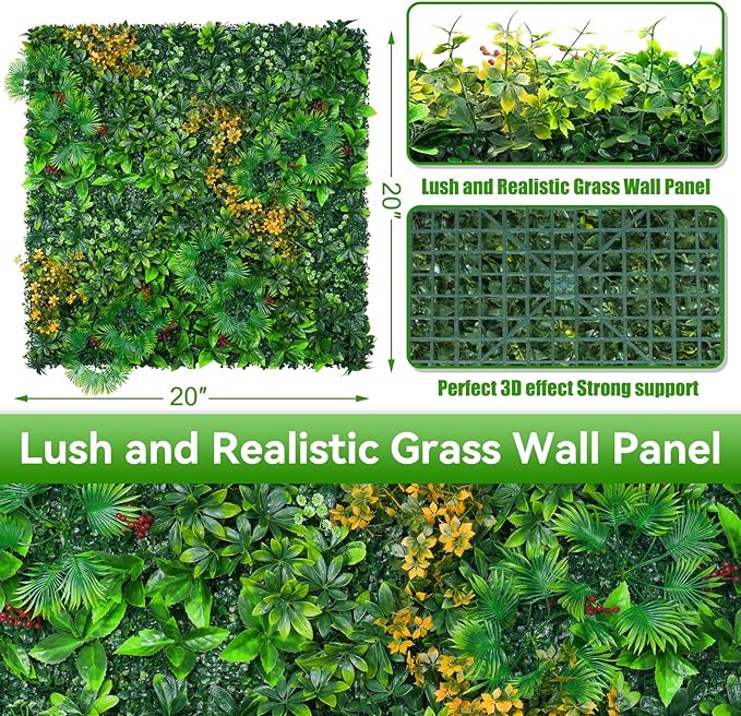 Grass Wall Panels, 20"x20" 8pcs Artificial Grass Backdrop Wall with Tropical Leaves, UV-Anti Faux Greenery Plant Boxwood Panels for Privacy Fence Screen, Green Wall Decor for Outdoor Indoor