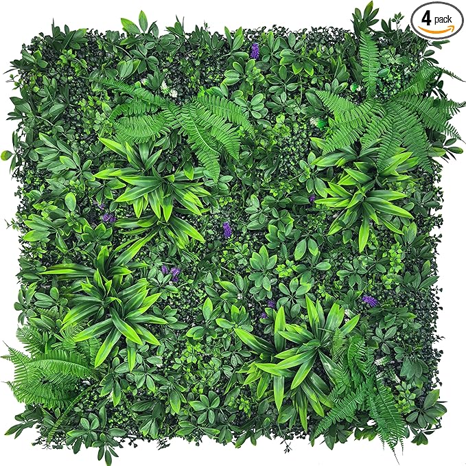 Artificial Greenery Wall Panels: 20''x 20'' 4P UV-Anti Faux Greennery Grass Wall Privacy Backdrop Fence Screen for Garden Fence Covering Privacy, Outdoor Indoor Home Decor