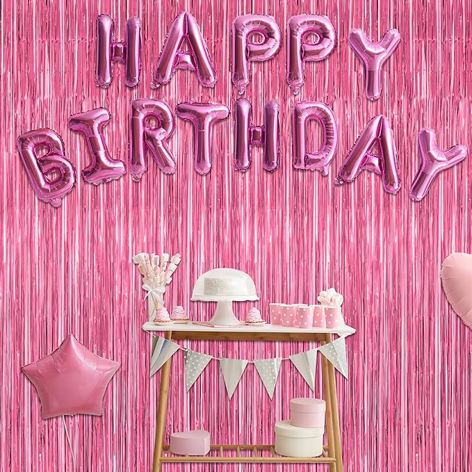 4 Pack Birthday Decorations, 3.28 FT x 7.05 FT Pink Backdrop, Metallic Happy Birthday Backdrop Fringe Curtains Party Streamer, Bachelorette Party Decorations Princes Birthday Valentines Party Decor